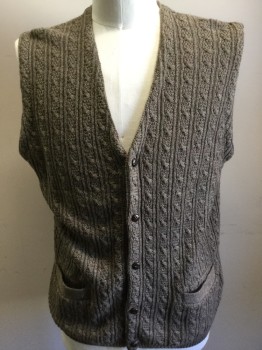 Mens, Vest, HYDE PARK, Taupe, Green, Acrylic, Speckled, Cable Knit, Large, 5 Buttons, Button Front, 2 Pockets, Modeled on Size 42