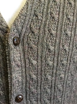 Mens, Vest, HYDE PARK, Taupe, Green, Acrylic, Speckled, Cable Knit, Large, 5 Buttons, Button Front, 2 Pockets, Modeled on Size 42