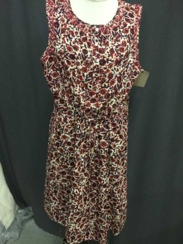 Womens, Dress, Sleeveless, LUCKY, Cream, Red Burgundy, Navy Blue, Orange, Rayon, Floral, L, Floral Sleeveless, Button Front Placket, Drawstring Waist, See Photo Attached,