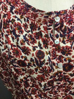 Womens, Dress, Sleeveless, LUCKY, Cream, Red Burgundy, Navy Blue, Orange, Rayon, Floral, L, Floral Sleeveless, Button Front Placket, Drawstring Waist, See Photo Attached,