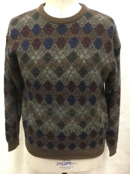 TOWNCRAFT, Brown, Blue, Taupe, Green, Acrylic, Argyle, Crew Neck, Long Sleeves, Ribbed Neck/Waist/Cuff