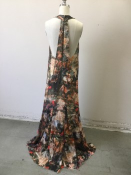 ALICE & OLIVIA, Olive Green, Cream, Red, Peach Orange, Synthetic, Abstract , Floral, Busy Abstract Tropical Floral Print Poly Chiffon, Halter Neck with Brass & Red Large Beaded Neck Front. Godet Paneelled Flared Skirt. Zipper Center Back,