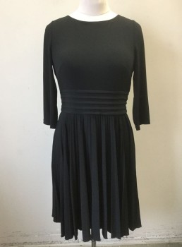 Womens, Dress, Long & 3/4 Sleeve, ELIZA J, Black, Polyester, Spandex, Solid, B38, 12, W32, 3/4 Sleeves, Scoop Neck, Horizontally Pleated Waistband, with Knife Pleated Skirt, Knee Length, Invisible Zipper at Center Back