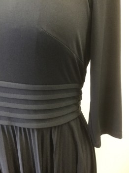 Womens, Dress, Long & 3/4 Sleeve, ELIZA J, Black, Polyester, Spandex, Solid, B38, 12, W32, 3/4 Sleeves, Scoop Neck, Horizontally Pleated Waistband, with Knife Pleated Skirt, Knee Length, Invisible Zipper at Center Back