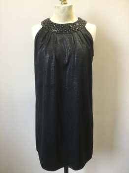 KOOL HEARTS, Black, Polyester, with Silver Shimmer, Beaded and Sequinned Collar with Button Loop Back, Pleated From Collar, Hem Above Knee,  Keyhole Back