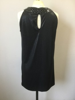 KOOL HEARTS, Black, Polyester, with Silver Shimmer, Beaded and Sequinned Collar with Button Loop Back, Pleated From Collar, Hem Above Knee,  Keyhole Back