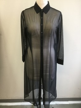 Womens, Dress, Long & 3/4 Sleeve, HERS & MINE, Black, Spandex, S/M, Sheer Net, Button Front, Open Sides, Solid Black Collar