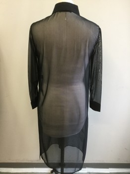 Womens, Dress, Long & 3/4 Sleeve, HERS & MINE, Black, Spandex, S/M, Sheer Net, Button Front, Open Sides, Solid Black Collar
