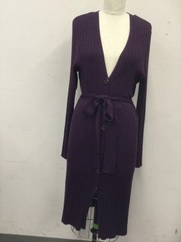 Womens, Sweater, TIME & TRU, Aubergine Purple, Rayon, Polyester, Solid, S, Calf Length, Ribbed Knit, Button Front, Long Sleeves, Side Slits, Self Belt, Belt Loops