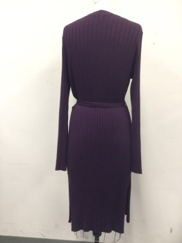 TIME & TRU, Aubergine Purple, Rayon, Polyester, Solid, Calf Length, Ribbed Knit, Button Front, Long Sleeves, Side Slits, Self Belt, Belt Loops