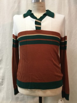 Mens, Sweater, NO LABEL, White, Brown, Beige, Forest Green, Synthetic, Stripes, M, White Yolk, Brown/ Beige / Forrest Green Stripes. Forrest Green/ Beige Trim, V-neck, Collar Attached, Long Sleeves,