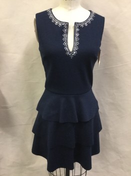 JUICY COUTURE, Navy Blue, Wool, Solid, Round Neck with Slit and Rhinestone Collar, Sleeveless, Back Zipper, 3 Tiered Ruffle Short Skirt