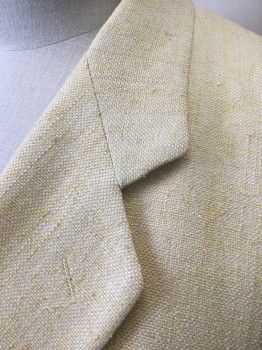 MALIBU, Lt Yellow, Linen, Silk, Solid, Textured Weave, Single Breasted, Notched Lapel, 2 Buttons, 3 Pockets, 2 Hip Pockets are Patch Pockets, Cream Solid Silk Lining,