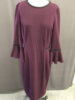 Womens, Dress, Long & 3/4 Sleeve, CALVIN KLEIN, Plum Purple, Black, Polyester, Spandex, Solid, 8, Crew Neck with Black Trim, 3/4 Bell Sleeves with Black Detail, Black Side Stripe Inset, Gold Back Zipper,