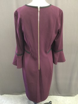 Womens, Dress, Long & 3/4 Sleeve, CALVIN KLEIN, Plum Purple, Black, Polyester, Spandex, Solid, 8, Crew Neck with Black Trim, 3/4 Bell Sleeves with Black Detail, Black Side Stripe Inset, Gold Back Zipper,