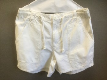 Mens, Shorts, ELECTRIC AVENUE, White, Cotton, Solid, W:34, Drawstring and Elastic Waist in Back, Zip Fly, 3 Pockets, 5" Inseam, Preppy Nautical Aesthetic,