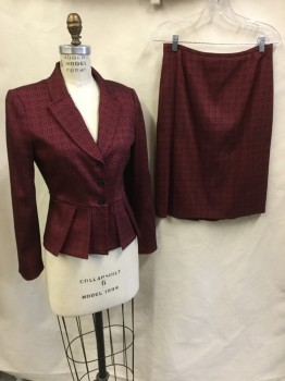 Womens, Suit, Jacket, TAHARI, Ruby Red, Black, Polyester, Rayon, Floral, W 28, B34, Jacket:  Ruby with Black Outline Floral Print, Black Lining,  Nl, Single Breasted, 3 Button Front, Large Pleat Hem Front, Long Sleeves, with Matching Skirt
