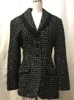 Womens, Coat, NANETTE LEPORE, Black, White, Wool, Rayon, Grid , B:32, Shawl Collar with Black Lace Trim, 3 Covered Buttons at Center Front, 2 Pockets with Flaps