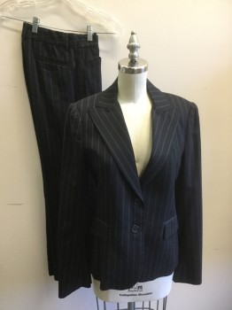 Womens, Suit, Jacket, THEORY , Black, Dk Blue, Gray, Wool, Lycra, Stripes - Vertical , W28, B34, H36, Single Breasted, 2 Buttons,  Peaked Lapel,