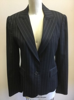 THEORY , Black, Dk Blue, Gray, Wool, Lycra, Stripes - Vertical , Single Breasted, 2 Buttons,  Peaked Lapel,