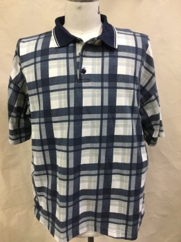 N/L, Navy Blue, White, Gray, Lt Yellow, Cotton, Plaid, Short Sleeves, 3 Buttons,