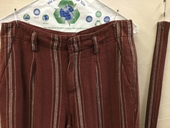 N/L, Brown, Black, Off White, Cotton, Ramie, Stripes - Vertical , Reddish Brown with Fine Black & Off White Vertical Stripes, 2" Waistband, Zip Front, 1 Pleat Front, 4 Pockets, with Self Detached 1-1/2" BELT