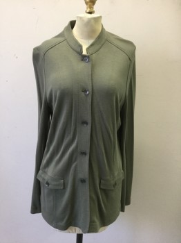 Womens, Casual Jacket, JJILL, Olive Green, Cotton, Solid, B: 40, L, Band Collar, B.F., 5 Buttons, 2 Pockets with Flaps, Cotton Jersey