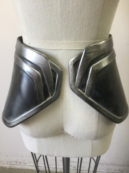 N/L MTO, Faded Black, Silver, Pewter Gray, Fiberglass, Solid, Black with Silver Faux Metal Edges, Female Velcro Attached at Inside, Futuristic, Panier-Like Shape,