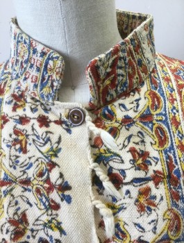 Womens, Jacket, N/L, Cream, Sienna Brown, Blue, Yellow, Cotton, Paisley/Swirls, Swirl , B:34, S, Cotton Canvas with Ornate Stripes/Paisley/Swirls Pattern, 3/4 Sleeves, Stand Collar, Button Front, Self Fringe at Hem, Sleeves and Button Placket, No Lining, Earthy Hippie