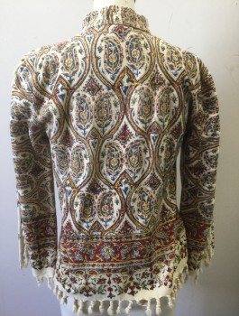 Womens, Jacket, N/L, Cream, Sienna Brown, Blue, Yellow, Cotton, Paisley/Swirls, Swirl , B:34, S, Cotton Canvas with Ornate Stripes/Paisley/Swirls Pattern, 3/4 Sleeves, Stand Collar, Button Front, Self Fringe at Hem, Sleeves and Button Placket, No Lining, Earthy Hippie