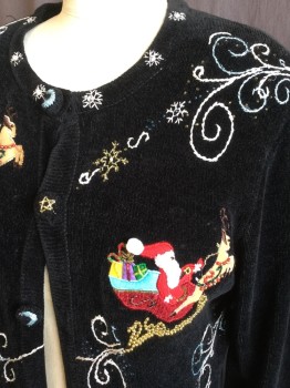 BERER, Black, Red, Gray, White, Baby Blue, Rayon, Acrylic, Holiday, Ribbed Crew Neck, & Front Center, Cover Moon/stars Button Front, Long Sleeves, with Santas Riding the Sleighs  Front