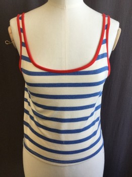 Womens, Top, TOP SHOP, Off White, Blue, Red, Viscose, Polyester, Stripes - Horizontal , 2, Scoop Neck & Scoop Back with Red Trim, 3/4" Straps