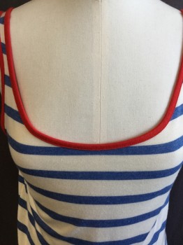 TOP SHOP, Off White, Blue, Red, Viscose, Polyester, Stripes - Horizontal , Scoop Neck & Scoop Back with Red Trim, 3/4" Straps