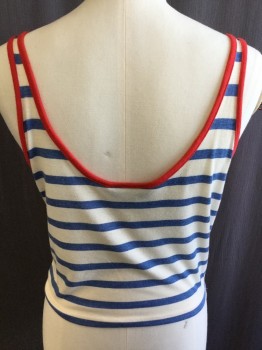 Womens, Top, TOP SHOP, Off White, Blue, Red, Viscose, Polyester, Stripes - Horizontal , 2, Scoop Neck & Scoop Back with Red Trim, 3/4" Straps