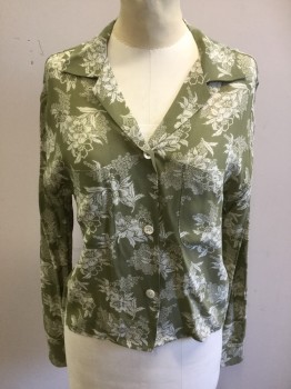 Womens, Blouse, BANANA REPUBLIC, Pea Green, White, Rayon, Floral, B36, S, Button Front, Collar Attached, Notched Lapel, Long Sleeves, Cuff, 2 Pockets