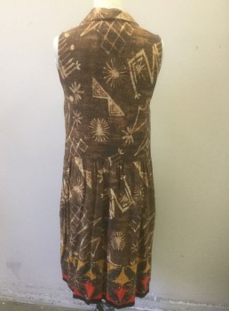 CASCAIS, Brown, Lt Brown, Mustard Yellow, Red, Rayon, Abstract , Petroglyph Inspired Pattern, Sleeveless, Mustard and Red Detail at Hem, Shirtwaist with Button Front, Gathered at Waist, Hem Above Knee, **Has TV Alt at Bust 3/1/2021