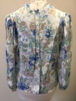 EVA LAUREL, Off White, Sea Foam Green, Lavender Purple, Cornflower Blue, Beige, Polyester, Floral, Abstract , Off White with Watercolor Pastel Floral Pattern, Silky Polyester, Long Sleeves, Buttons in Back, Puffy Gathered Sleeves, Cowl Neck in Front with Hanging Ties/Panels in Back,