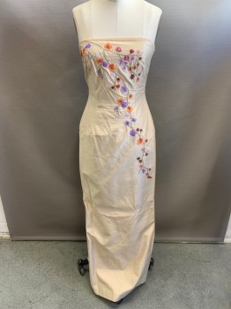 Womens, Evening Gown, LAUNDRY, Beige, Silk, Acetate, 6, Strapless, Square Neckline, Dusty Rose, Burgundy, Green, Purple, & Peach Floral Embroidery Zip Back, Slit Back, Floor Length