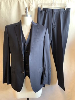 LAUREN RALPH LAUREN, Midnight Blue, Wool, Solid, Single Breasted, Collar Attached, Notched Lapel, 2 Buttons,  3 Pockets, Hand Picked Collar/Lapel