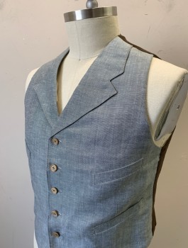 Mens, 1920s Vintage, Suit, Vest, SIAM COSTUMES MTO, Gray, Lt Gray, Linen, 2 Color Weave, 41, Single Breasted, 6 Buttons, Notched Lapel, 4 Welt Pockets, Back is Solid Brown Linen with Attached Self Belt, MULTIPLE See - Fc052493