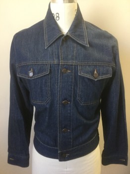 Mens, Jean Jacket, N/L, Denim Blue, Cotton, Solid, M, Medium Blue Denim, Long Sleeves, Button Front, Collar Attached, Brass Embossed Buttons, 2 Pockets with Button Closure