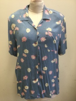 Womens, Blouse, NAPA VALLEY, Slate Blue, Rayon, L, Cream and Light Pink Flowers, Gauze, Short Sleeve Button Front, 1 Patch Pocket,  Boxy Fit, Padded Shoulders