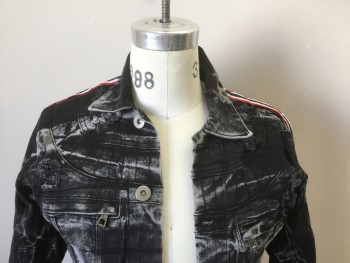 FOCUS, Black, Gray, Red, White, Cotton, Solid, Stripes, Acid Washed Denim, Distressed, Red/white/black Ribbon Stripe on Arms, Button Front, Collar Attached, Zipper Pockets