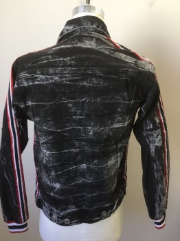 FOCUS, Black, Gray, Red, White, Cotton, Solid, Stripes, Acid Washed Denim, Distressed, Red/white/black Ribbon Stripe on Arms, Button Front, Collar Attached, Zipper Pockets