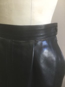YVES ST.LAURENT, Black, Leather, Solid, Pencil Skirt, Knee Length, 1.5" Wide Self Waistband, Single Pleated Waist, Side Zipper, High End