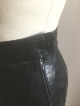 YVES ST.LAURENT, Black, Leather, Solid, Pencil Skirt, Knee Length, 1.5" Wide Self Waistband, Single Pleated Waist, Side Zipper, High End