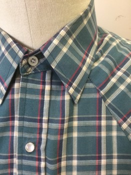 Mens, Western Shirt, PLAINS, Dk Green, Lt Gray, Maroon Red, Navy Blue, Beige, Cotton, Plaid, L, Short Sleeves, Snap Front, Collar Attached, Light Gray/Silver Snaps, 2 Pockets with Snap Closures, Western Style Yoke,