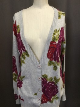 KERSH, Heather Gray, Fuchsia Pink, Olive Green, Magenta Pink, Red, Cotton, Floral, Rib Knit V-neck,