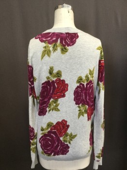 KERSH, Heather Gray, Fuchsia Pink, Olive Green, Magenta Pink, Red, Cotton, Floral, Rib Knit V-neck,