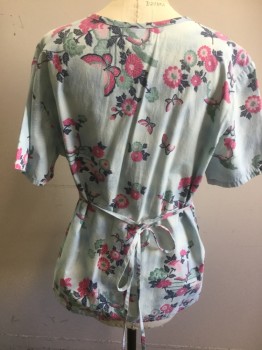 LIFE, Ice Blue, Fuchsia Pink, Navy Blue, Mint Green, Poly/Cotton, Floral, Insects Print, Short Sleeves, V-neck, Faux Surplus, 2 Pockets, Ties Center Back,